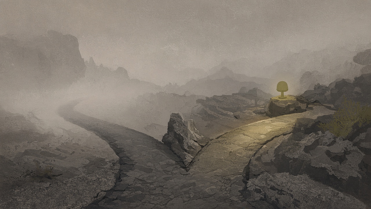 Abstract path splitting between fog and a lit way forward